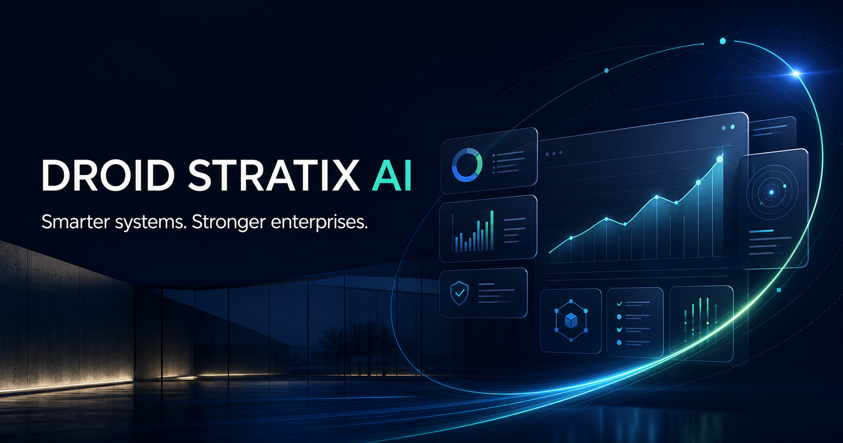 Droid Stratix AI, smarter systems and stronger enterprises, illustrated through a connected AI analytics interface